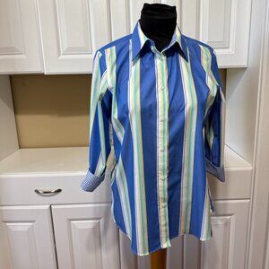 Chaps Top Womens Size M Blue Stripe Button Up No Iron Cotton 3/4 Sleeve Blouse
